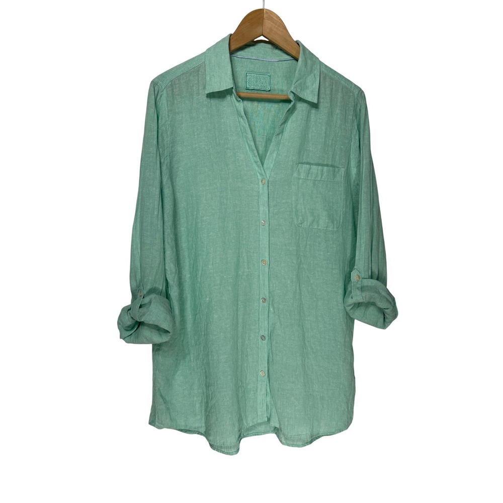 Sigrid Olsen 100% Linen Button Up Roll Tab Sleeve Shirt Green Maternity L